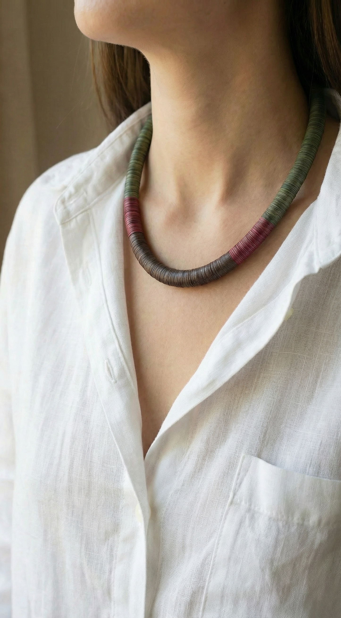 Green, burgundy, and brown round necklace