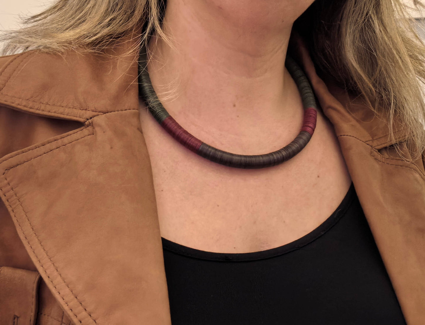 Green, burgundy, and brown round necklace